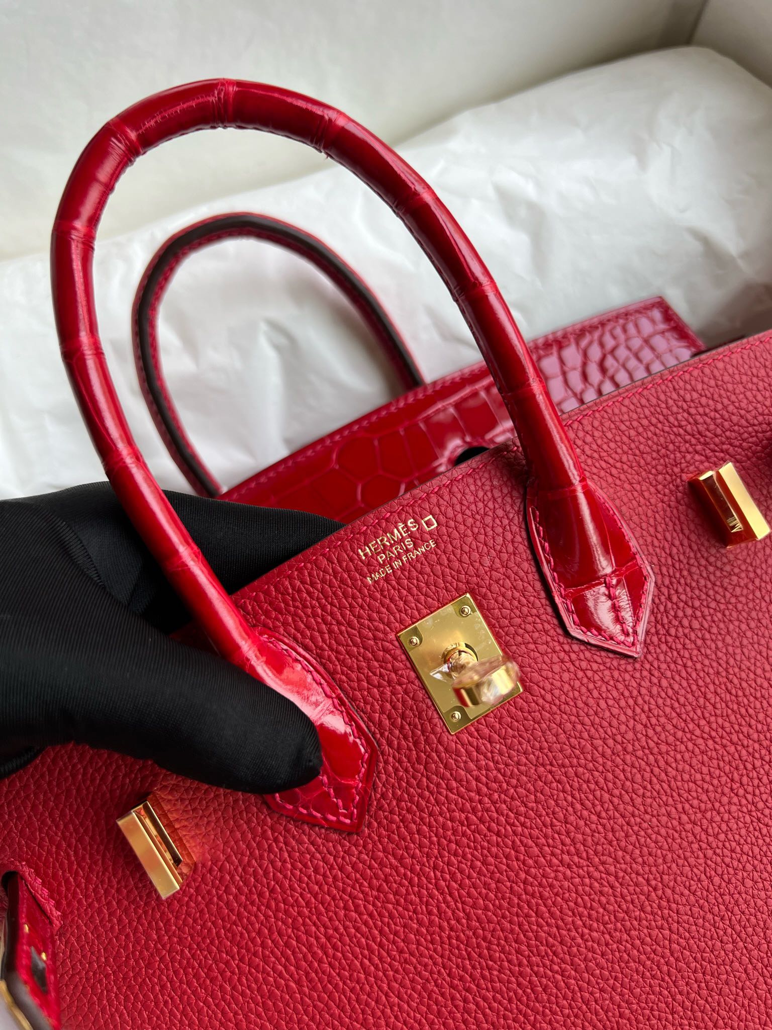 에르메스 버킨백25 플래그레드 금장 악어가죽 핸들